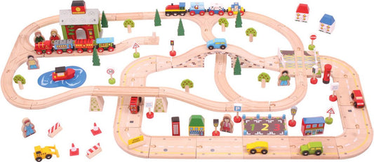 Bigjigs wooden train and road set, 105 pieces